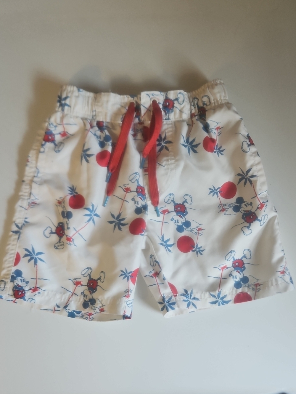 Junk Food Clothing White Swim Trunks with Red & Blue Mickey Print